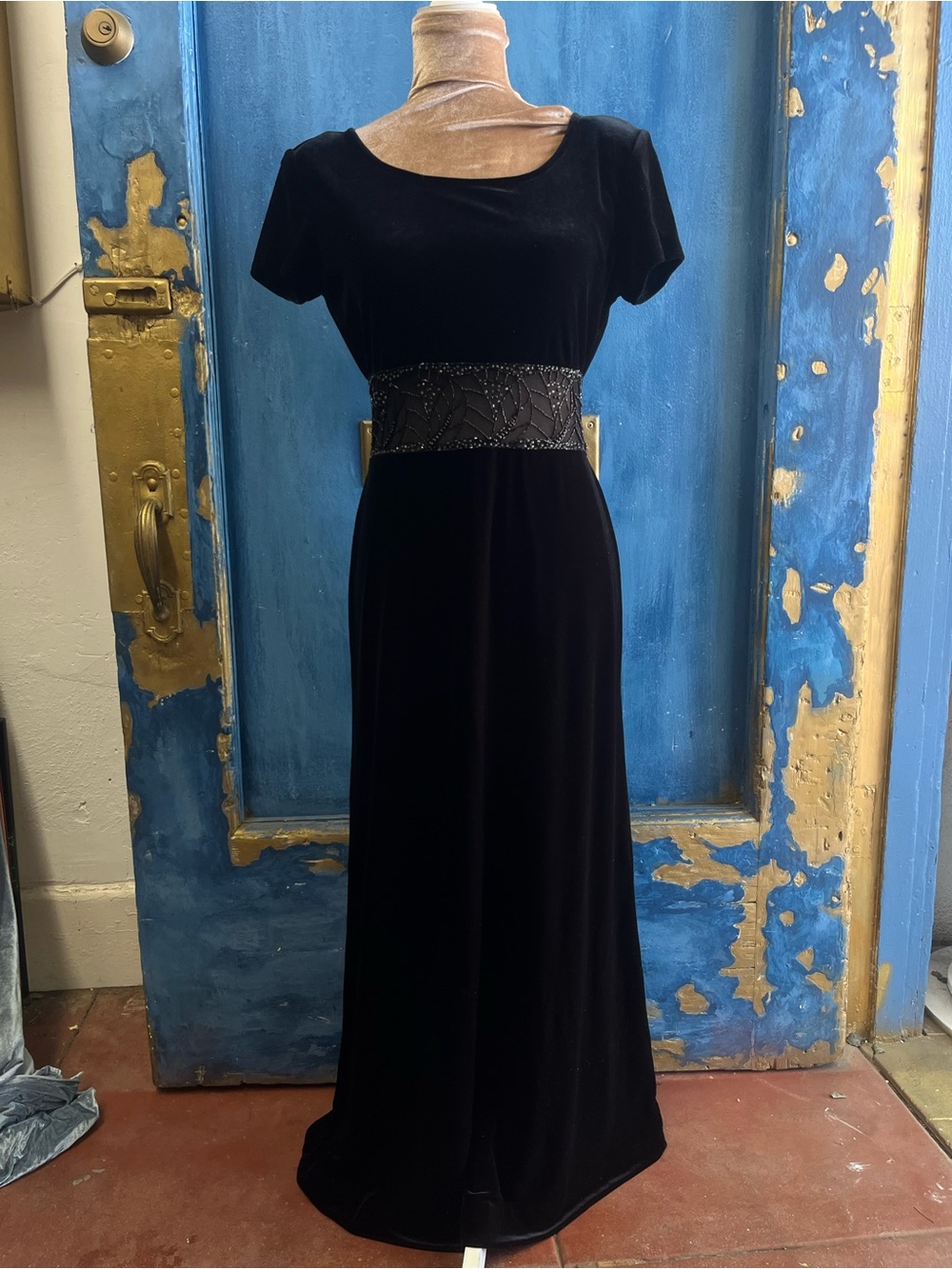 Classic Black Velvet Maxi Dress with Beaded Waist